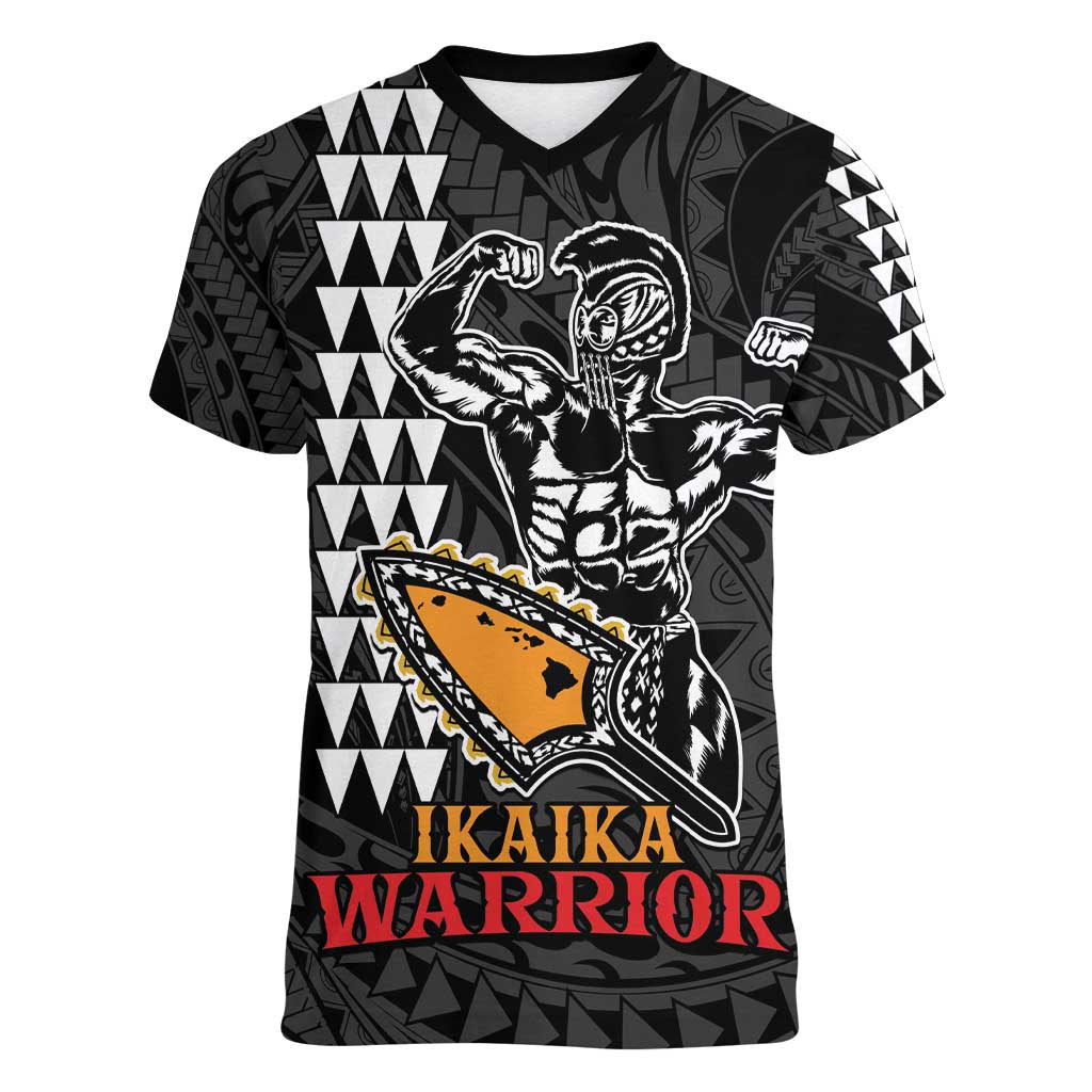 Aloha Spirit Ikaika Warrior Helmet Women V-Neck T-Shirt LT9 Female Black - Polynesian Pride