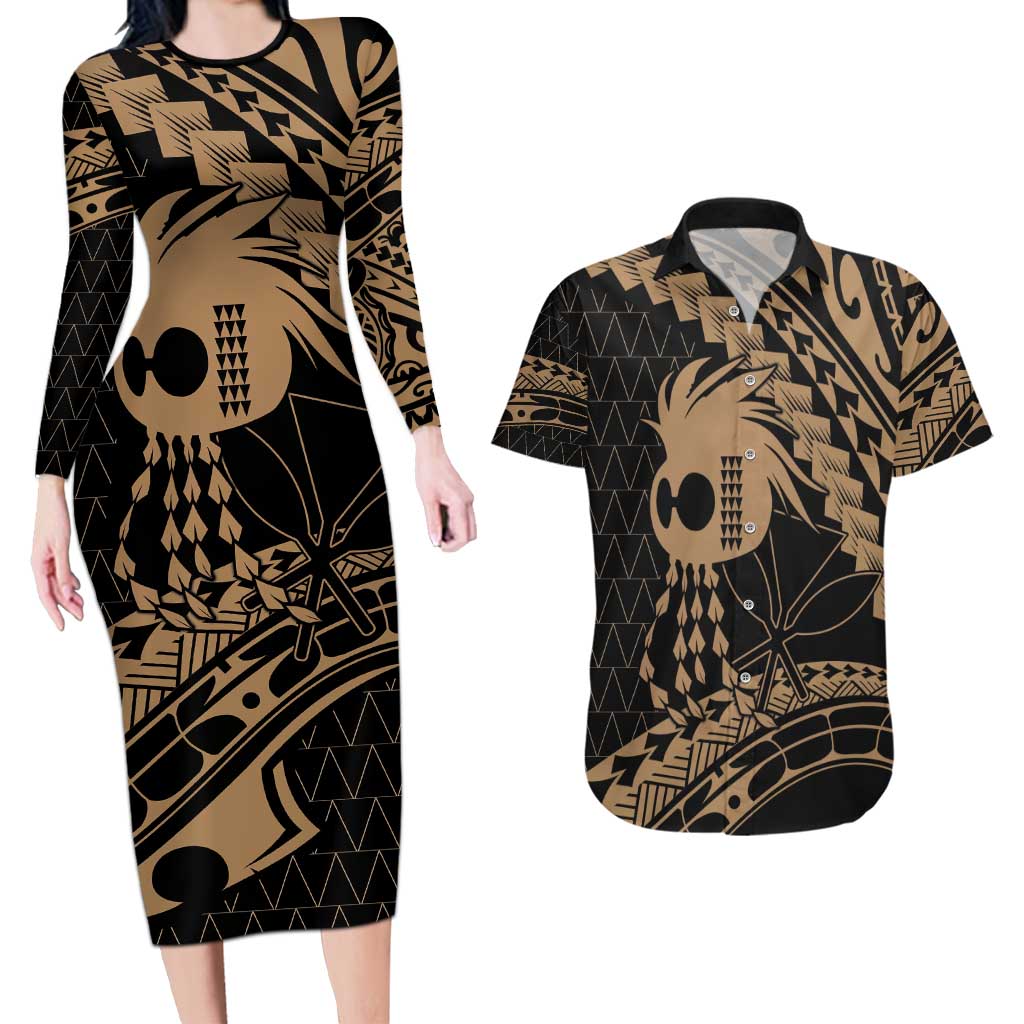 Ikaika Hawaiian Mythic Koa Tribal Warrior Couples Matching Long Sleeve Bodycon Dress and Hawaiian Shirt LT9 Gold - Polynesian Pride