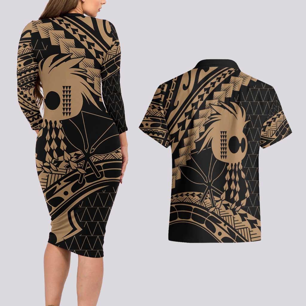 Ikaika Hawaiian Mythic Koa Tribal Warrior Couples Matching Long Sleeve Bodycon Dress and Hawaiian Shirt LT9 - Polynesian Pride
