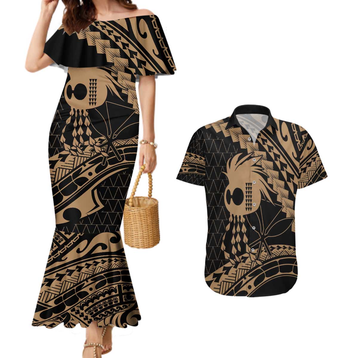 Ikaika Hawaiian Mythic Koa Tribal Warrior Couples Matching Mermaid Dress and Hawaiian Shirt LT9 Gold - Polynesian Pride