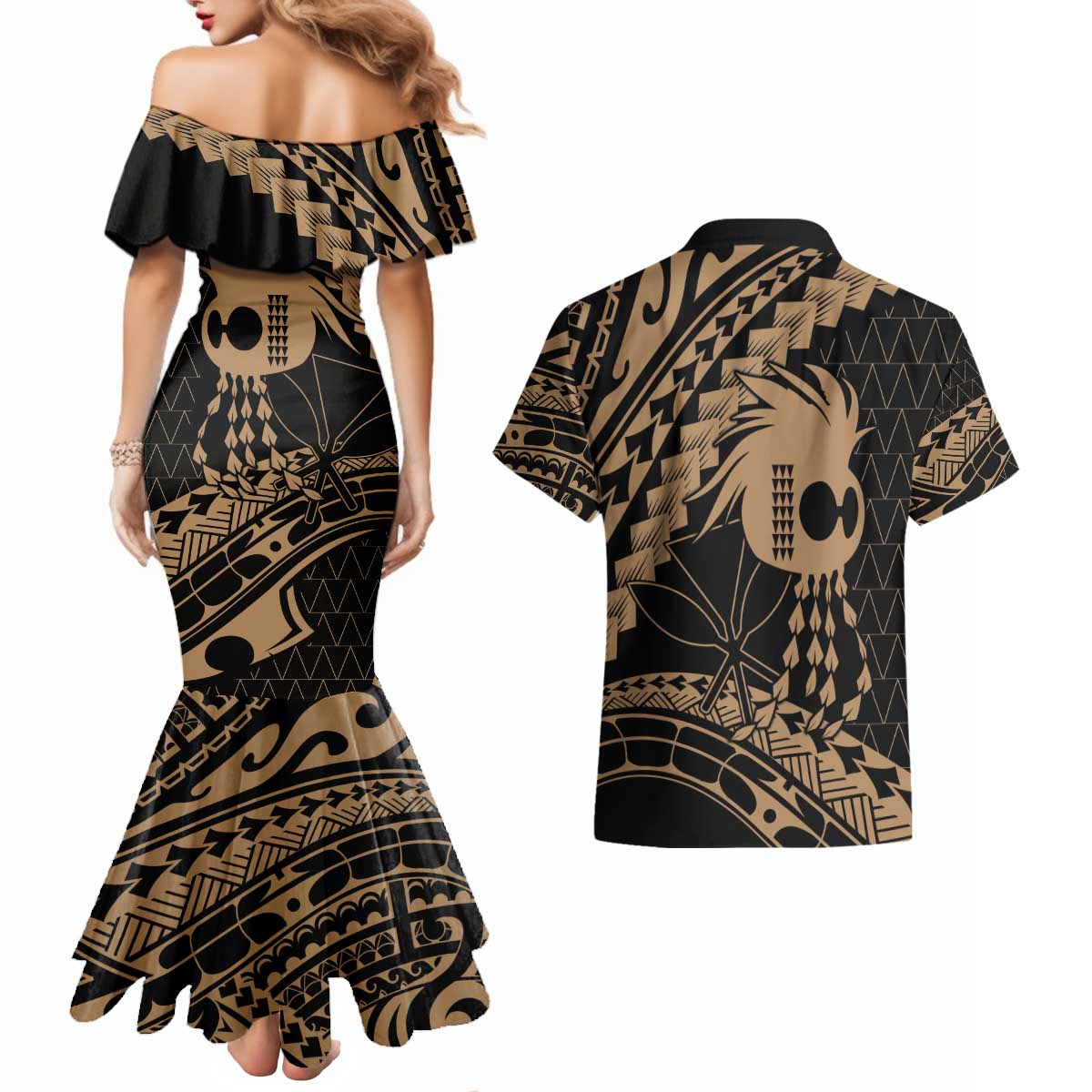 Ikaika Hawaiian Mythic Koa Tribal Warrior Couples Matching Mermaid Dress and Hawaiian Shirt LT9 - Polynesian Pride