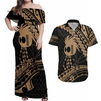 Ikaika Hawaiian Mythic Koa Tribal Warrior Couples Matching Off Shoulder Maxi Dress and Hawaiian Shirt LT9 Gold - Polynesian Pride