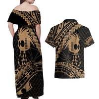 Ikaika Hawaiian Mythic Koa Tribal Warrior Couples Matching Off Shoulder Maxi Dress and Hawaiian Shirt LT9 - Polynesian Pride