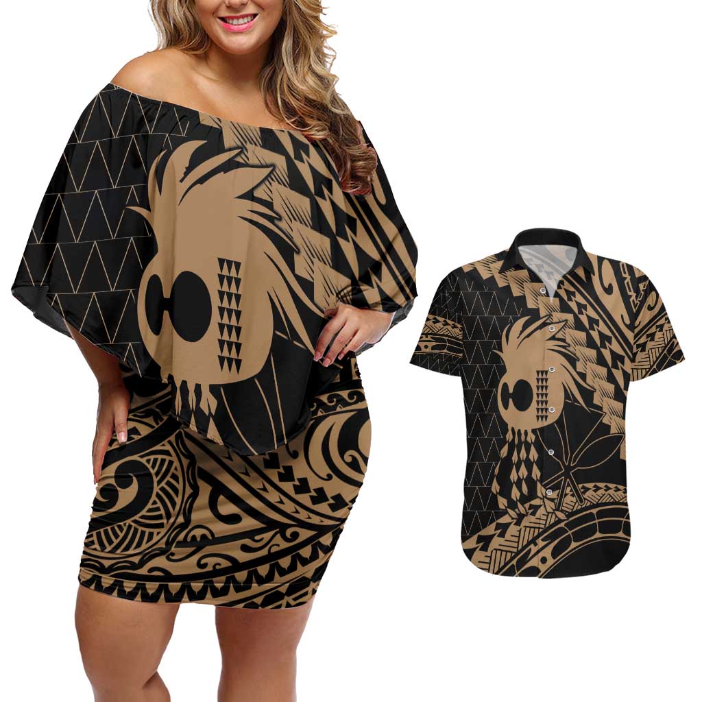 Ikaika Hawaiian Mythic Koa Tribal Warrior Couples Matching Off Shoulder Short Dress and Hawaiian Shirt LT9 Gold - Polynesian Pride