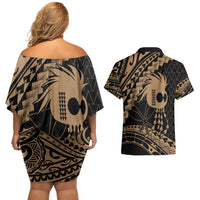 Ikaika Hawaiian Mythic Koa Tribal Warrior Couples Matching Off Shoulder Short Dress and Hawaiian Shirt LT9 - Polynesian Pride