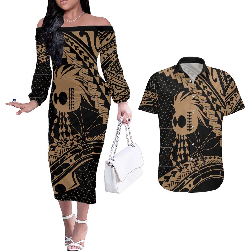 Ikaika Hawaiian Mythic Koa Tribal Warrior Couples Matching Off The Shoulder Long Sleeve Dress and Hawaiian Shirt LT9 Gold - Polynesian Pride