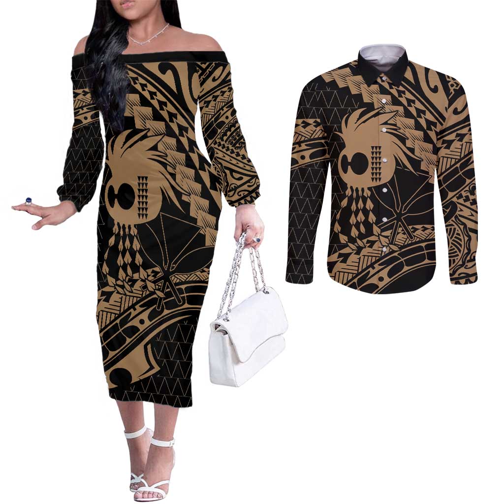 Ikaika Hawaiian Mythic Koa Tribal Warrior Couples Matching Off The Shoulder Long Sleeve Dress and Long Sleeve Button Shirt LT9 Gold - Polynesian Pride