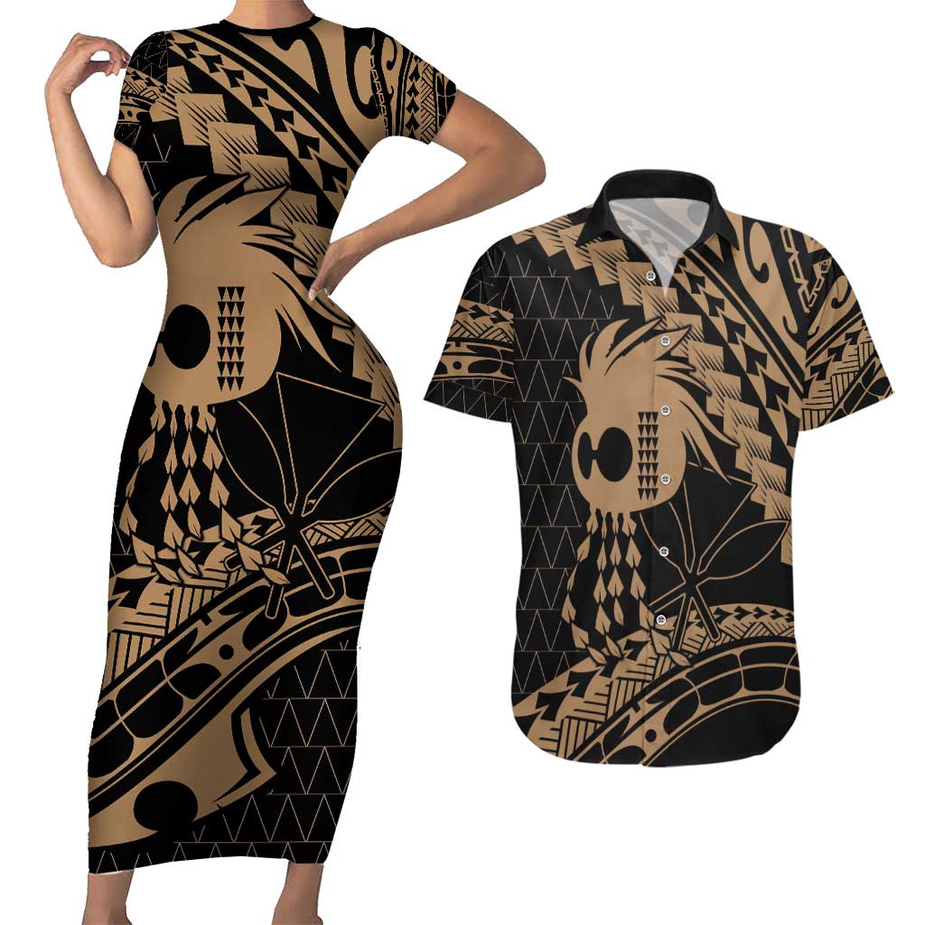 Ikaika Hawaiian Mythic Koa Tribal Warrior Couples Matching Short Sleeve Bodycon Dress and Hawaiian Shirt LT9 Gold - Polynesian Pride