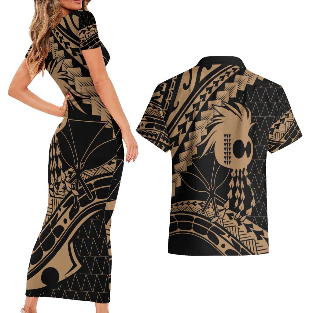 Ikaika Hawaiian Mythic Koa Tribal Warrior Couples Matching Short Sleeve Bodycon Dress and Hawaiian Shirt LT9 - Polynesian Pride
