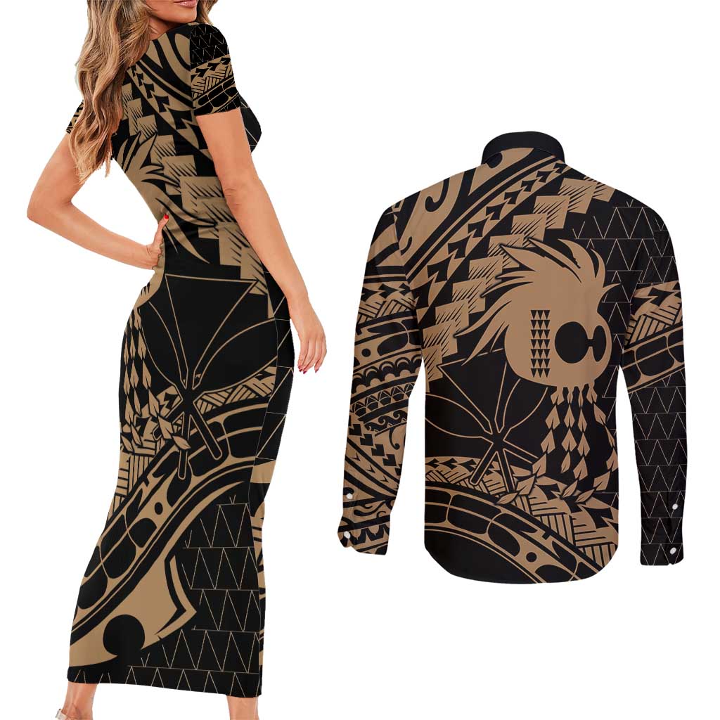 Ikaika Hawaiian Mythic Koa Tribal Warrior Couples Matching Short Sleeve Bodycon Dress and Long Sleeve Button Shirt LT9 - Polynesian Pride