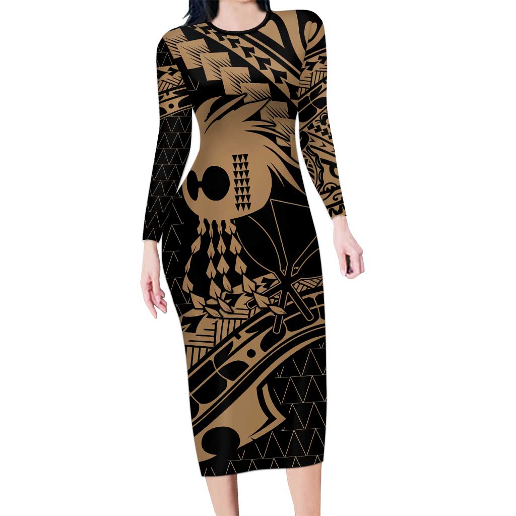 Ikaika Hawaiian Mythic Koa Tribal Warrior Family Matching Long Sleeve Bodycon Dress and Hawaiian Shirt LT9 Mom's Dress Gold - Polynesian Pride