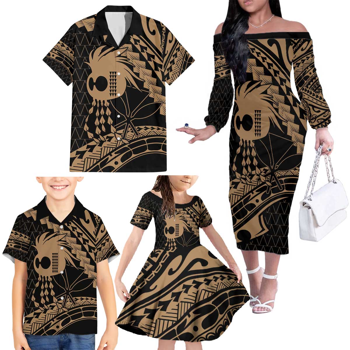 Ikaika Hawaiian Mythic Koa Tribal Warrior Family Matching Off The Shoulder Long Sleeve Dress and Hawaiian Shirt LT9 - Polynesian Pride