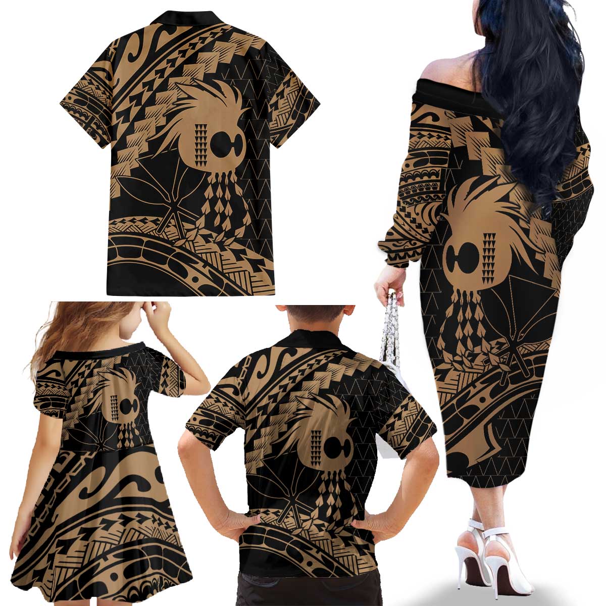 Ikaika Hawaiian Mythic Koa Tribal Warrior Family Matching Off The Shoulder Long Sleeve Dress and Hawaiian Shirt LT9 - Polynesian Pride