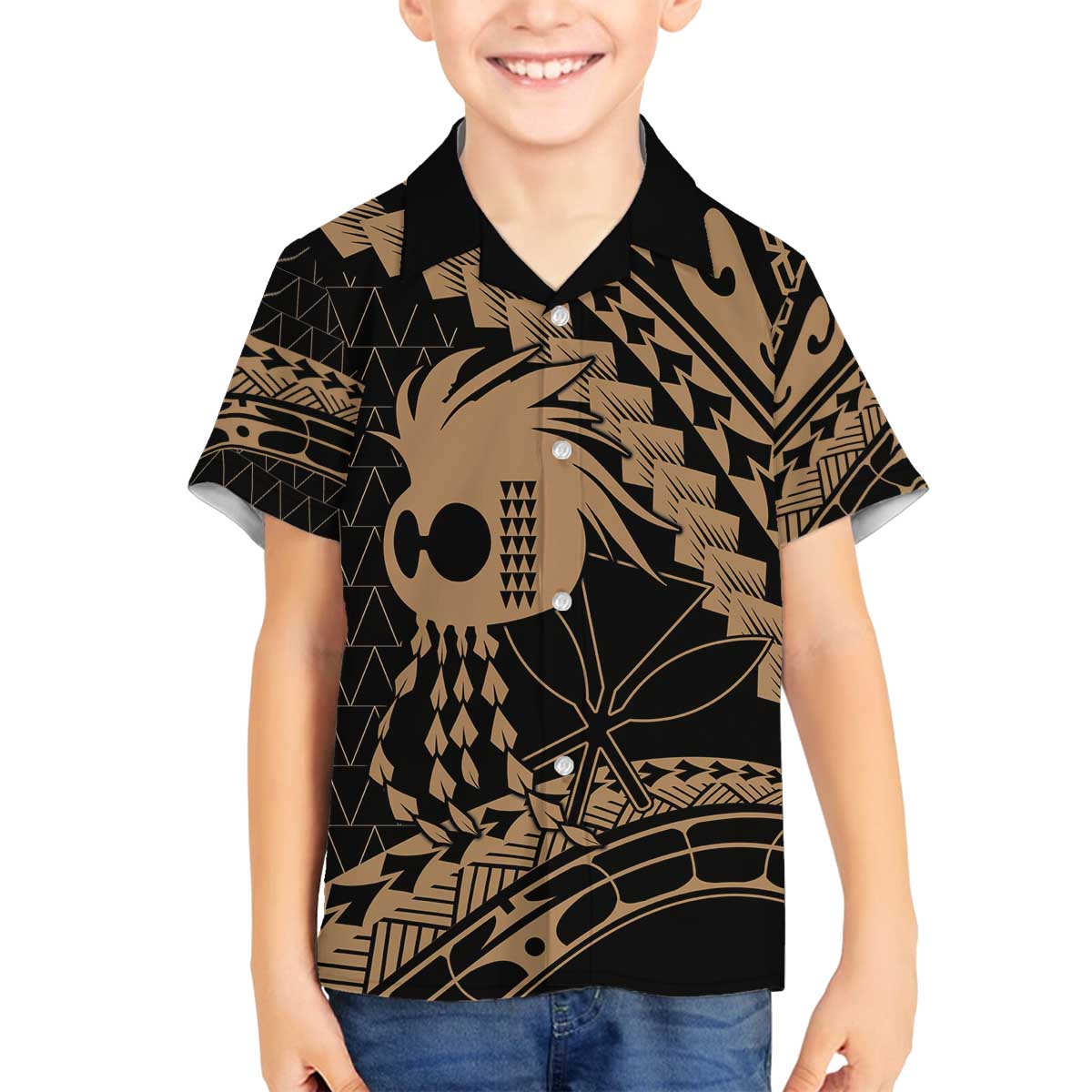 Ikaika Hawaiian Mythic Koa Tribal Warrior Family Matching Off The Shoulder Long Sleeve Dress and Hawaiian Shirt LT9 Son's Shirt Gold - Polynesian Pride