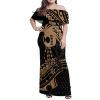 Ikaika Hawaiian Mythic Koa Tribal Warrior Family Matching Off Shoulder Maxi Dress and Hawaiian Shirt LT9 Mom's Dress Gold - Polynesian Pride