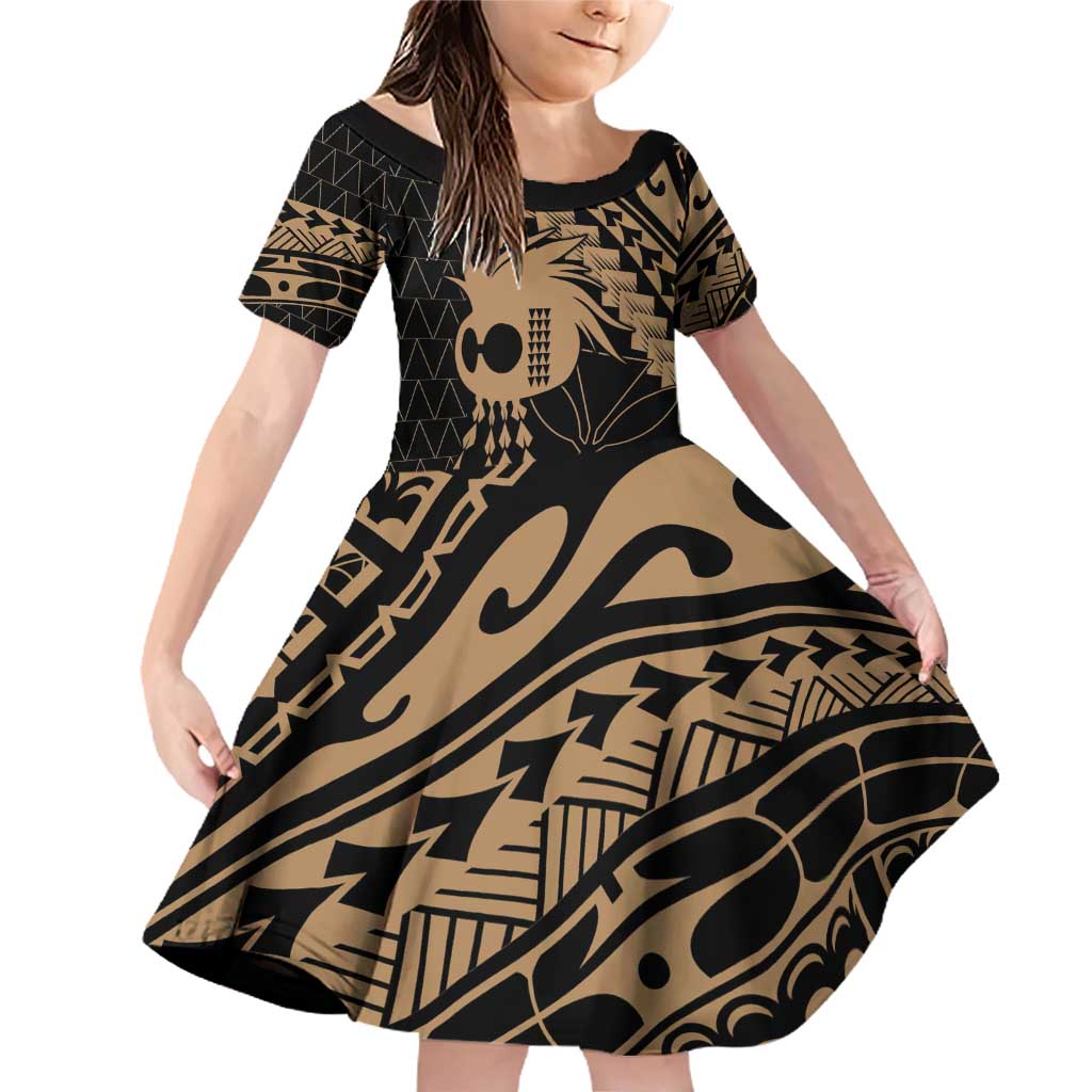 Ikaika Hawaiian Mythic Koa Tribal Warrior Family Matching Off Shoulder Short Dress and Hawaiian Shirt LT9 Daughter's Dress Gold - Polynesian Pride