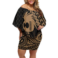 Ikaika Hawaiian Mythic Koa Tribal Warrior Family Matching Off Shoulder Short Dress and Hawaiian Shirt LT9 Mom's Dress Gold - Polynesian Pride