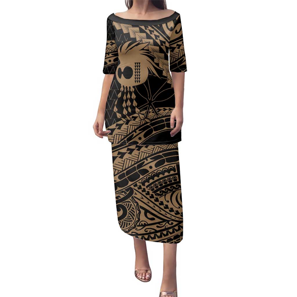 Ikaika Hawaiian Mythic Koa Tribal Warrior Family Matching Puletasi and Hawaiian Shirt LT9 Mom's Dress Gold - Polynesian Pride