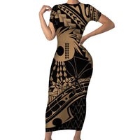 Ikaika Hawaiian Mythic Koa Tribal Warrior Family Matching Short Sleeve Bodycon Dress and Hawaiian Shirt LT9 Mom's Dress Gold - Polynesian Pride