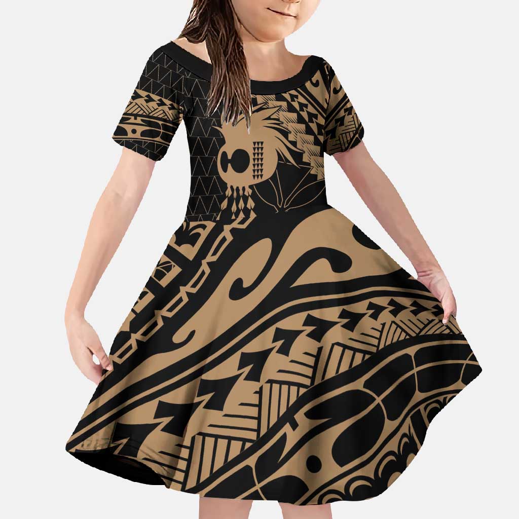 Ikaika Hawaiian Mythic Koa Tribal Warrior Family Matching Tank Maxi Dress and Hawaiian Shirt LT9 Daughter's Dress Gold - Polynesian Pride