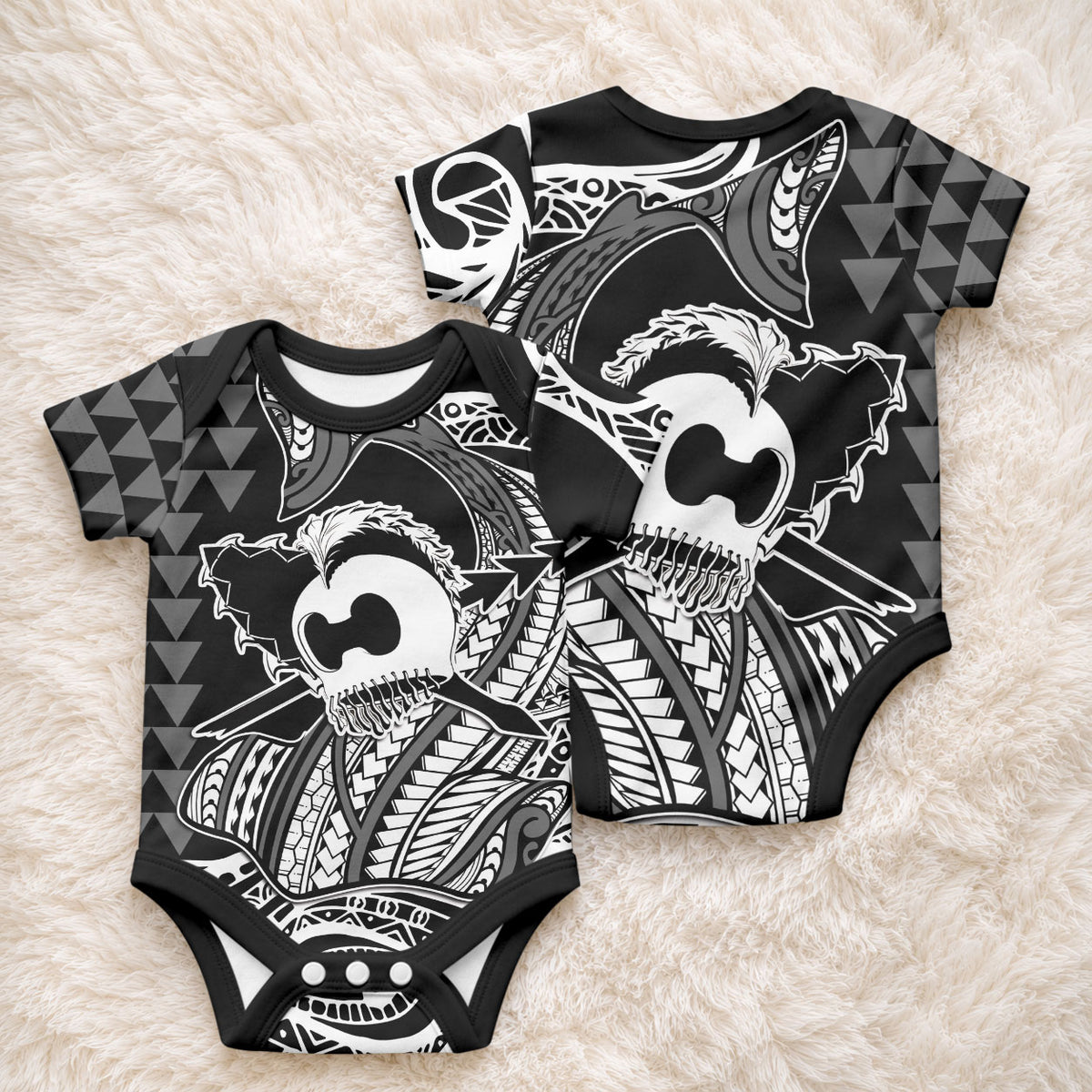 Koa Ikaika Warrior Helmet with Shark Baby Onesie Black Kakau Style LT9 - Polynesian Pride