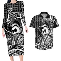 Koa Ikaika Warrior Helmet with Shark Couples Matching Long Sleeve Bodycon Dress and Hawaiian Shirt Black Kakau Style LT9 Black - Polynesian Pride