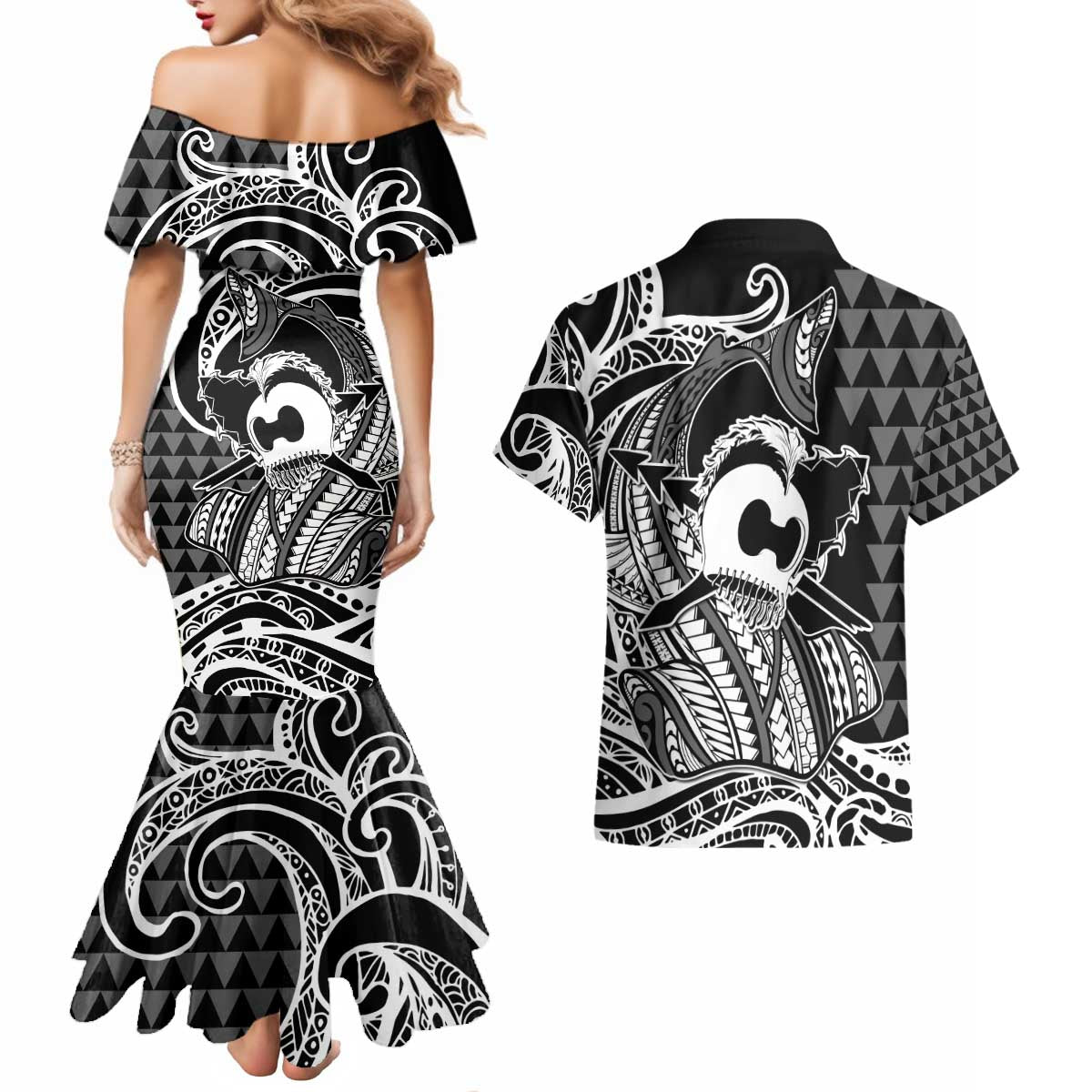 Koa Ikaika Warrior Helmet with Shark Couples Matching Mermaid Dress and Hawaiian Shirt Black Kakau Style LT9 - Polynesian Pride