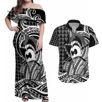 Koa Ikaika Warrior Helmet with Shark Couples Matching Off Shoulder Maxi Dress and Hawaiian Shirt Black Kakau Style LT9 Black - Polynesian Pride