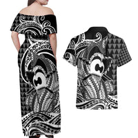 Koa Ikaika Warrior Helmet with Shark Couples Matching Off Shoulder Maxi Dress and Hawaiian Shirt Black Kakau Style LT9 - Polynesian Pride