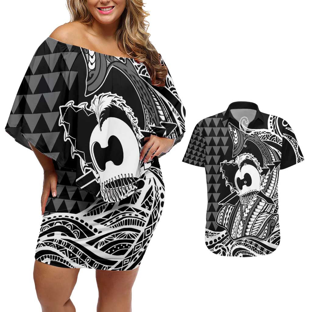 Koa Ikaika Warrior Helmet with Shark Couples Matching Off Shoulder Short Dress and Hawaiian Shirt Black Kakau Style LT9 Black - Polynesian Pride