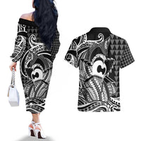 Koa Ikaika Warrior Helmet with Shark Couples Matching Off The Shoulder Long Sleeve Dress and Hawaiian Shirt Black Kakau Style LT9 - Polynesian Pride