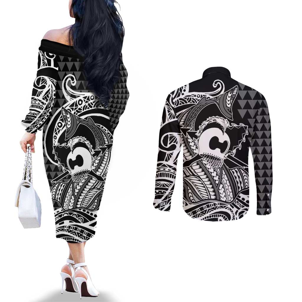 Koa Ikaika Warrior Helmet with Shark Couples Matching Off The Shoulder Long Sleeve Dress and Long Sleeve Button Shirt Black Kakau Style LT9 - Polynesian Pride
