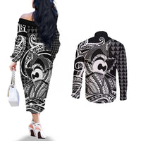 Koa Ikaika Warrior Helmet with Shark Couples Matching Off The Shoulder Long Sleeve Dress and Long Sleeve Button Shirt Black Kakau Style LT9 - Polynesian Pride
