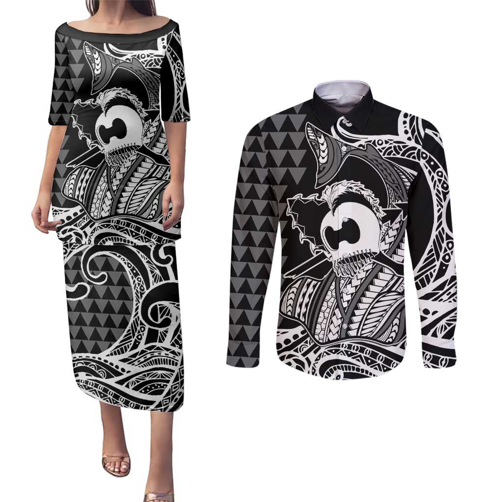 Koa Ikaika Warrior Helmet with Shark Couples Matching Puletasi and Long Sleeve Button Shirt Black Kakau Style LT9 Black - Polynesian Pride