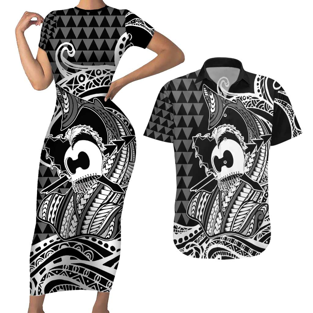Koa Ikaika Warrior Helmet with Shark Couples Matching Short Sleeve Bodycon Dress and Hawaiian Shirt Black Kakau Style LT9 Black - Polynesian Pride