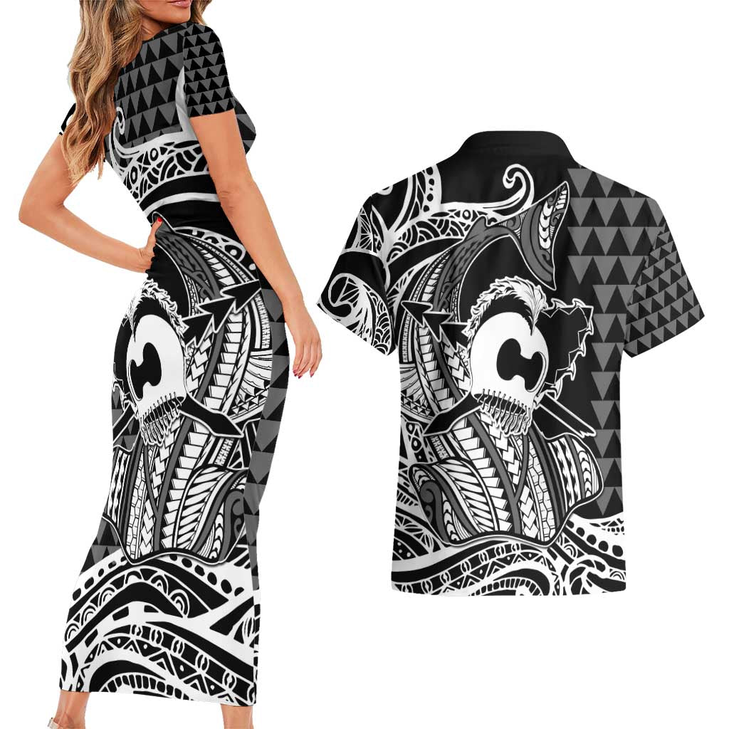 Koa Ikaika Warrior Helmet with Shark Couples Matching Short Sleeve Bodycon Dress and Hawaiian Shirt Black Kakau Style LT9 - Polynesian Pride