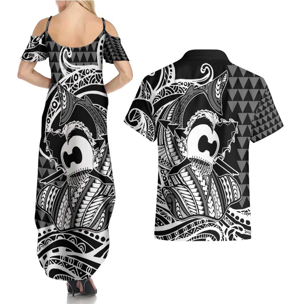 Koa Ikaika Warrior Helmet with Shark Couples Matching Summer Maxi Dress and Hawaiian Shirt Black Kakau Style LT9 - Polynesian Pride