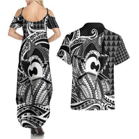 Koa Ikaika Warrior Helmet with Shark Couples Matching Summer Maxi Dress and Hawaiian Shirt Black Kakau Style LT9 - Polynesian Pride