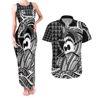 Koa Ikaika Warrior Helmet with Shark Couples Matching Tank Maxi Dress and Hawaiian Shirt Black Kakau Style LT9 Black - Polynesian Pride