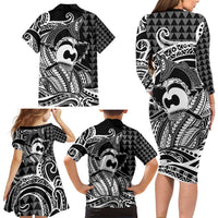 Koa Ikaika Warrior Helmet with Shark Family Matching Long Sleeve Bodycon Dress and Hawaiian Shirt Black Kakau Style LT9 - Polynesian Pride