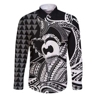 Koa Ikaika Warrior Helmet with Shark Family Matching Long Sleeve Bodycon Dress and Hawaiian Shirt Black Kakau Style LT9 Dad's Shirt - Long Sleeve Black - Polynesian Pride