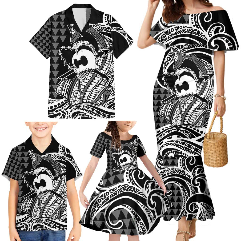 Koa Ikaika Warrior Helmet with Shark Family Matching Mermaid Dress and Hawaiian Shirt Black Kakau Style LT9 - Polynesian Pride