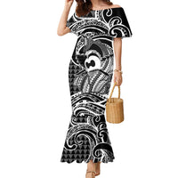 Koa Ikaika Warrior Helmet with Shark Family Matching Mermaid Dress and Hawaiian Shirt Black Kakau Style LT9 Mom's Dress Black - Polynesian Pride