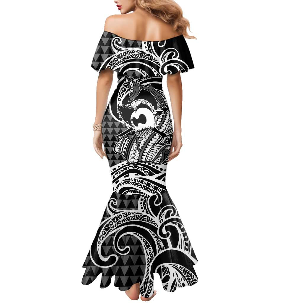 Koa Ikaika Warrior Helmet with Shark Family Matching Mermaid Dress and Hawaiian Shirt Black Kakau Style LT9 - Polynesian Pride