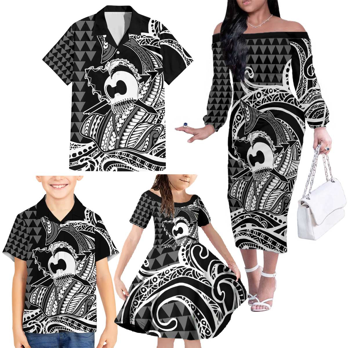 Koa Ikaika Warrior Helmet with Shark Family Matching Off The Shoulder Long Sleeve Dress and Hawaiian Shirt Black Kakau Style LT9 - Polynesian Pride