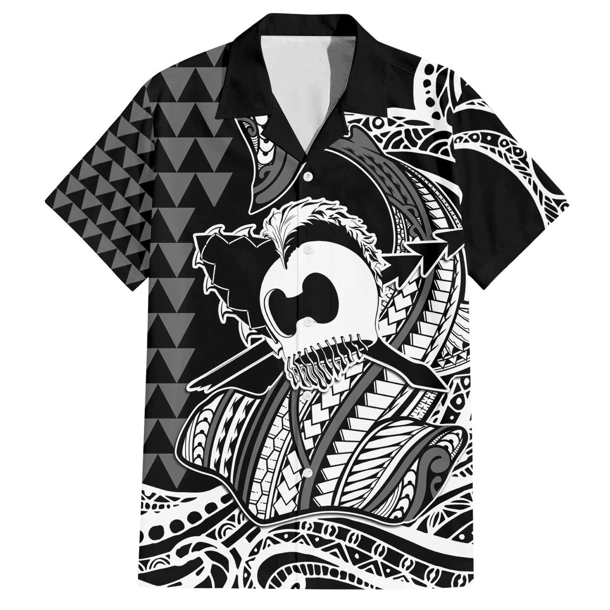 Koa Ikaika Warrior Helmet with Shark Family Matching Off The Shoulder Long Sleeve Dress and Hawaiian Shirt Black Kakau Style LT9 Dad's Shirt - Short Sleeve Black - Polynesian Pride