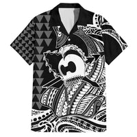 Koa Ikaika Warrior Helmet with Shark Family Matching Off The Shoulder Long Sleeve Dress and Hawaiian Shirt Black Kakau Style LT9 Dad's Shirt - Short Sleeve Black - Polynesian Pride