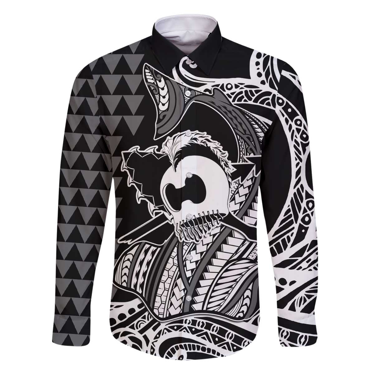 Koa Ikaika Warrior Helmet with Shark Family Matching Off The Shoulder Long Sleeve Dress and Hawaiian Shirt Black Kakau Style LT9 Dad's Shirt - Long Sleeve Black - Polynesian Pride