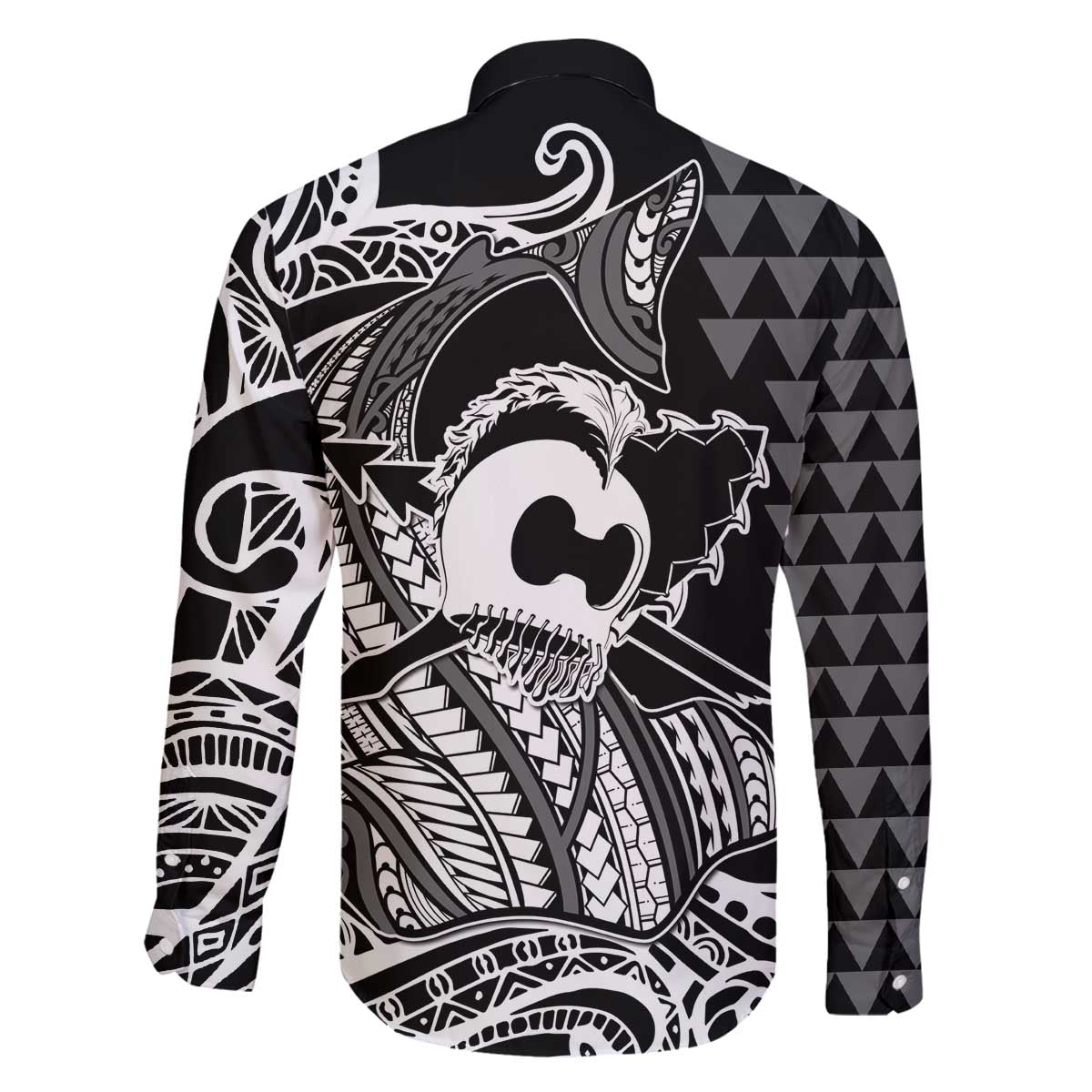 Koa Ikaika Warrior Helmet with Shark Family Matching Off The Shoulder Long Sleeve Dress and Hawaiian Shirt Black Kakau Style LT9 - Polynesian Pride