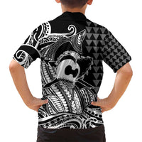 Koa Ikaika Warrior Helmet with Shark Family Matching Off Shoulder Maxi Dress and Hawaiian Shirt Black Kakau Style LT9 - Polynesian Pride